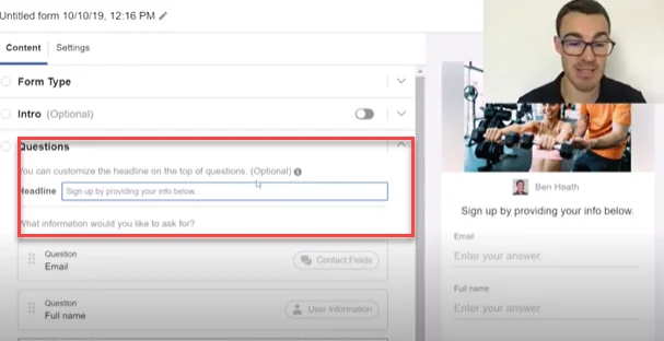 Filling out headline for Facebook leads form