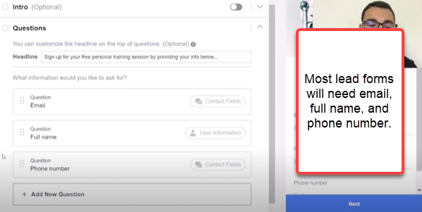 What info is needed on a Facebook leads form
