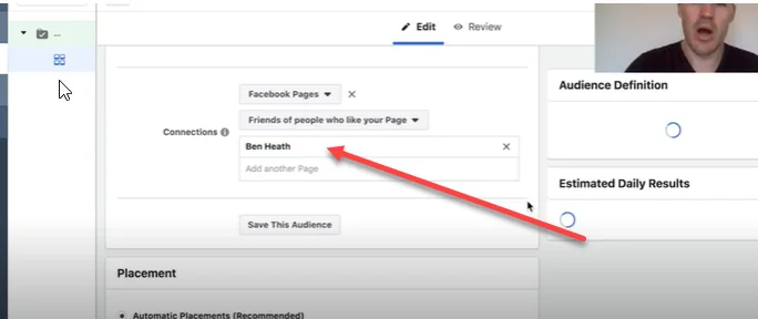 selecting your page in the Facebook interest targeting tool
