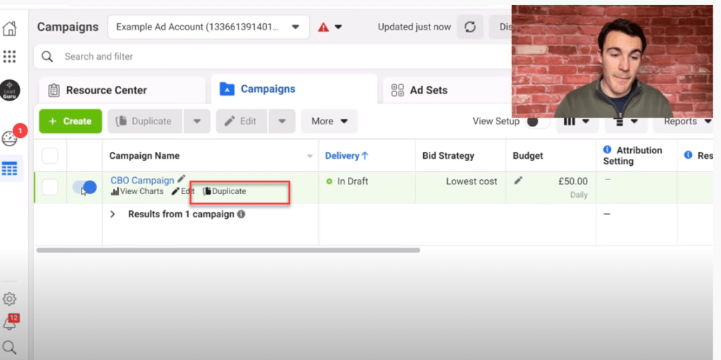 Pause and duplicate your Facebook campaign