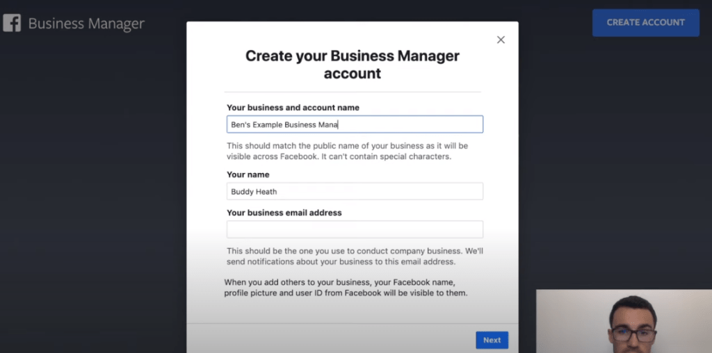 Entering your business name for Facebook business account