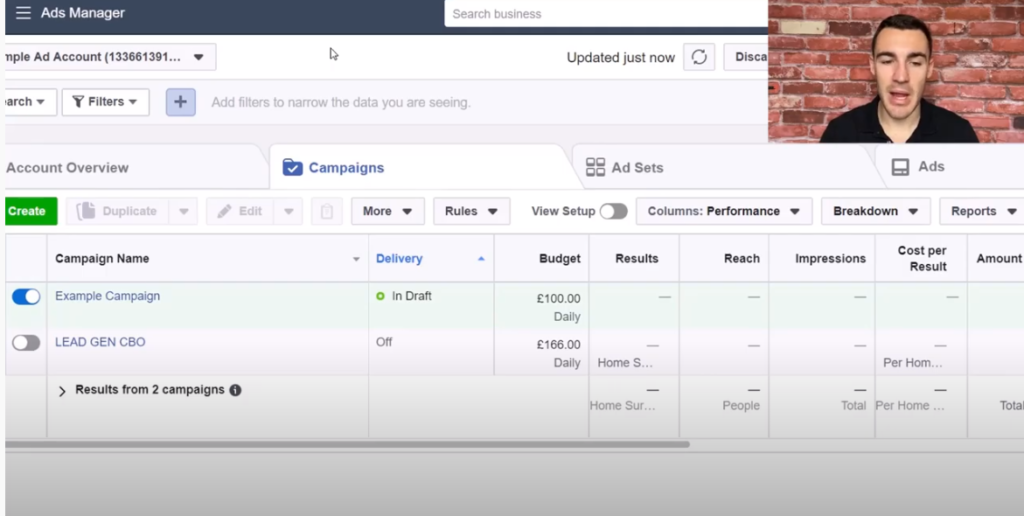 Facebook ads manager interface