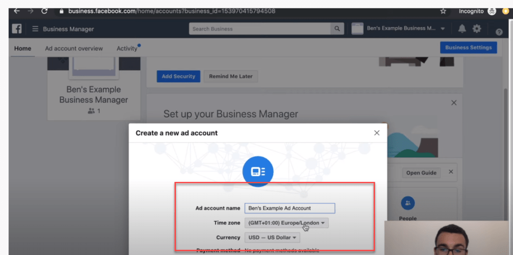 Creating your ad account in Facebook ads manager