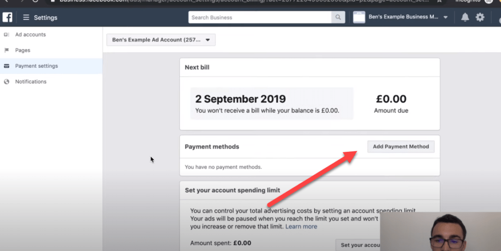 adding a payment method to Facebook ads manager
