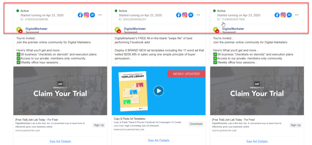 Newer ads are at the top of the Facebook ads library feed