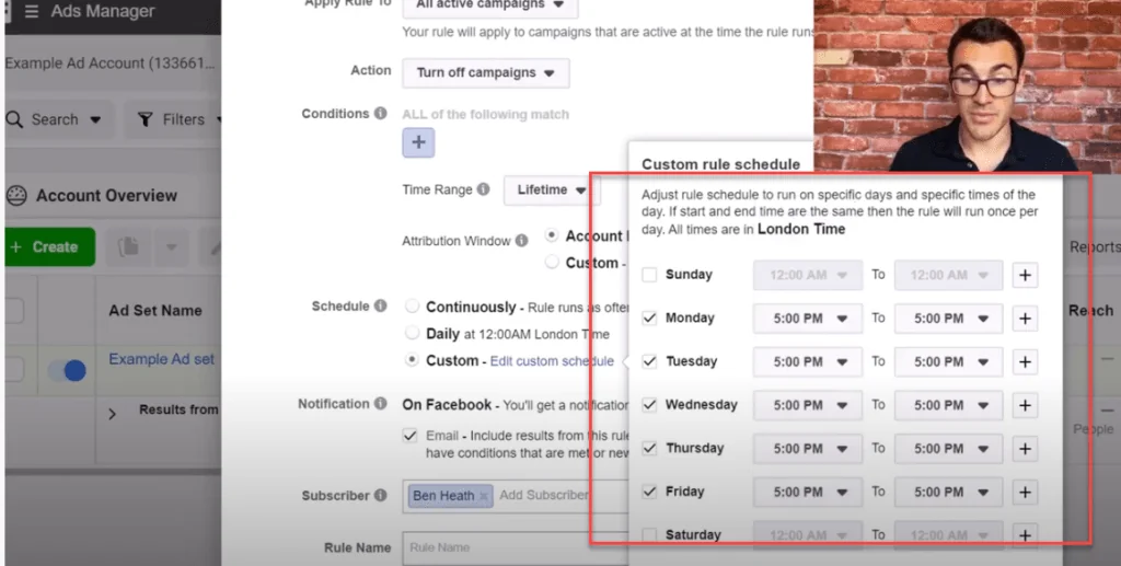 Setting turn off times using Facebook ad rules