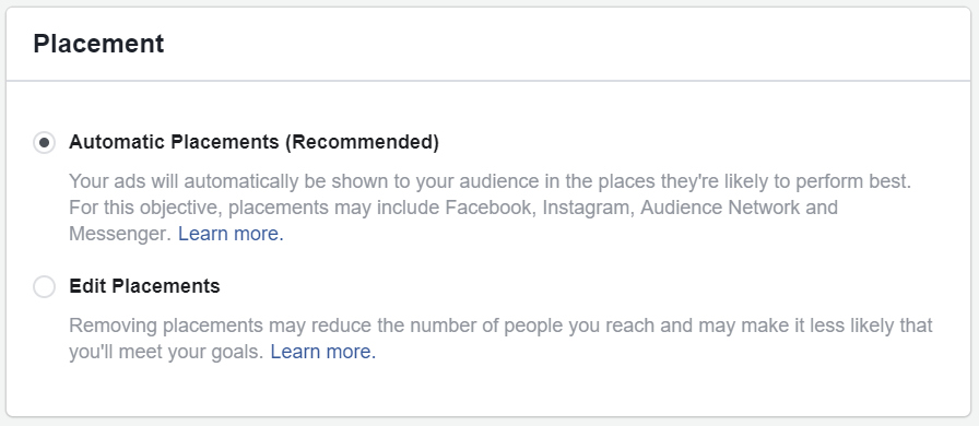 Facebook recommend automatic placements