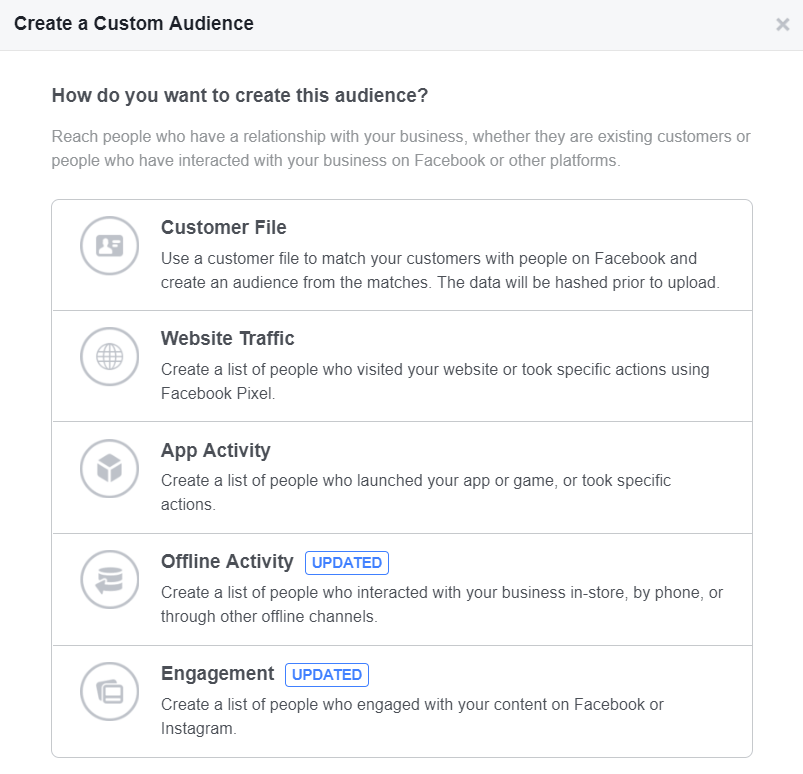 Facebook custom audience options