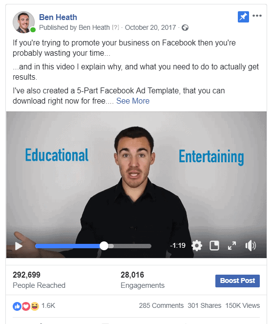 Ejemplo de anuncio en facebook con prueba social